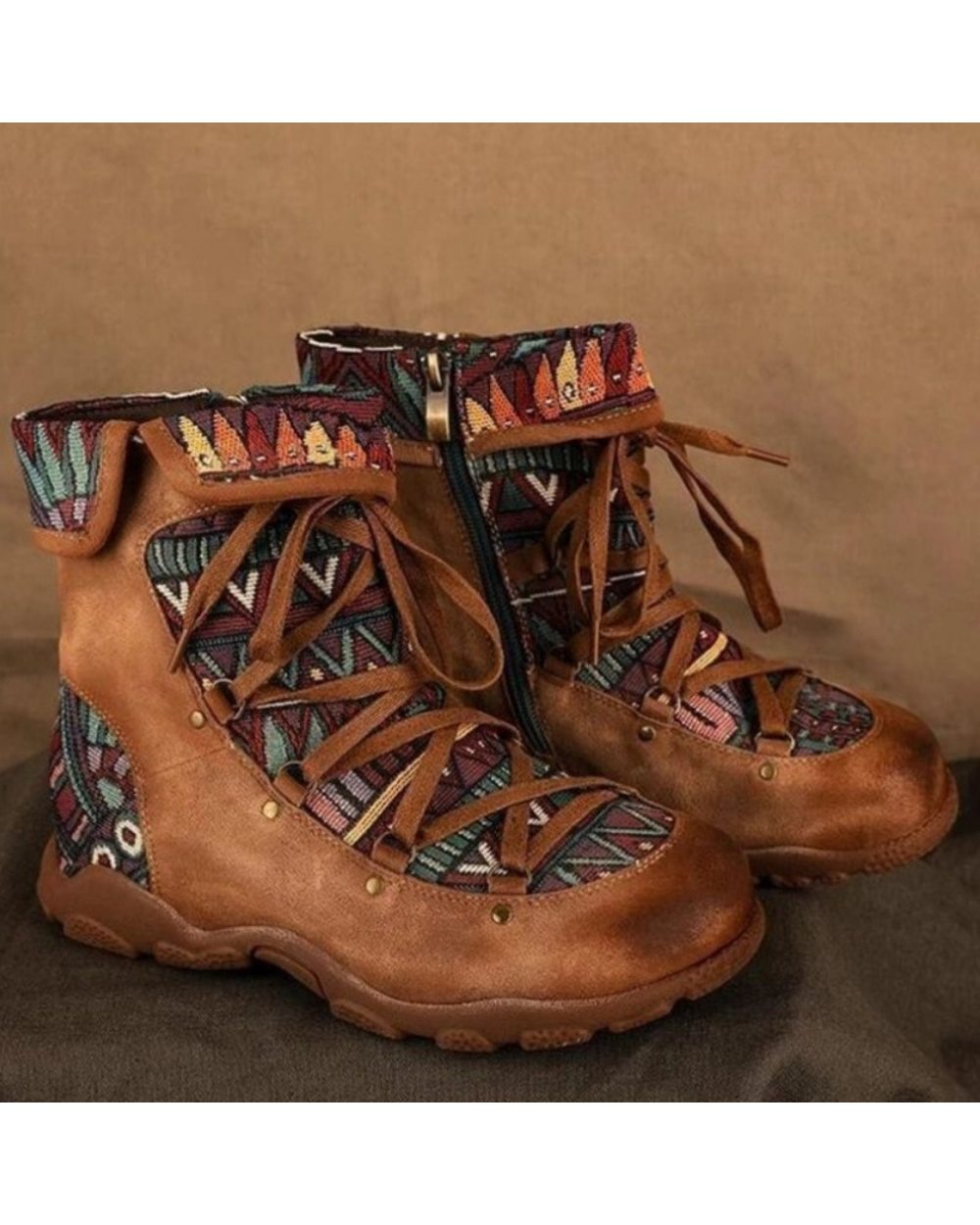 Women's Ladies Retro Native American Style Ankle Zip Short Boots Booties Casual front-1
