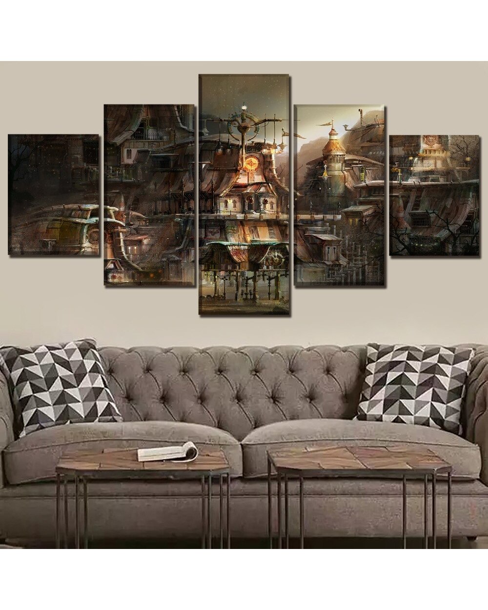 Building City Sci Fi Steampunk Picture Print Abstract 5 Panel Canvas Art Wall Decor front-0