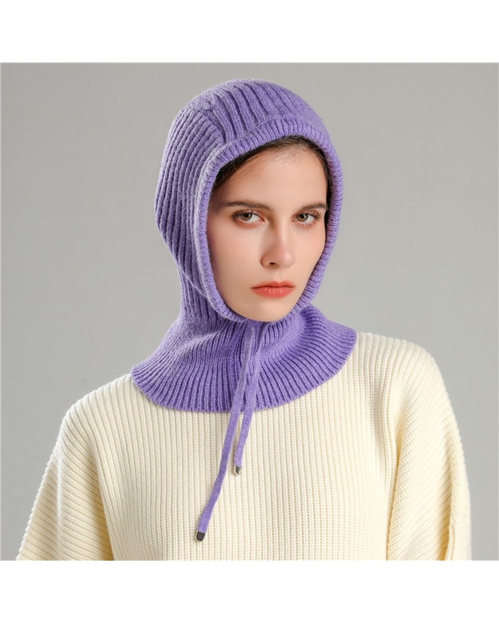 2022 Women Winter Knitted Cap Pullover Lady Balaclava Hat Warm Ring Scarf Woolen Yarn Beanie Outdoor Snood Collar Muffl front-2