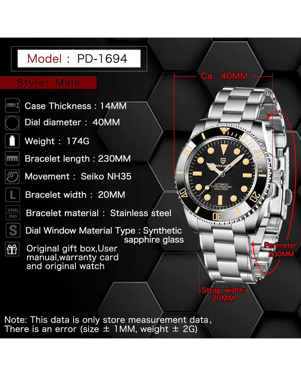 PAGANI DESIGN Sapphire Glass Men Automatic Mechanical Military Watches Men Stainless Steel 200 Waterproof Watch front-2