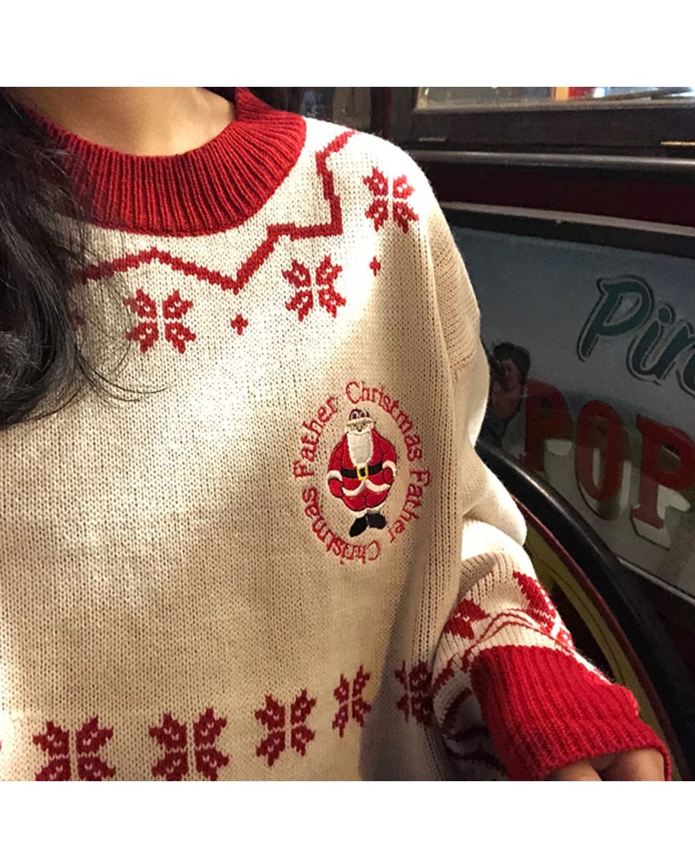 Women Fashion Christmas Red Sweater Tops Knitted Printed Long Sleeve Round Neck T Shirt Party Loose Female Clothes front-5