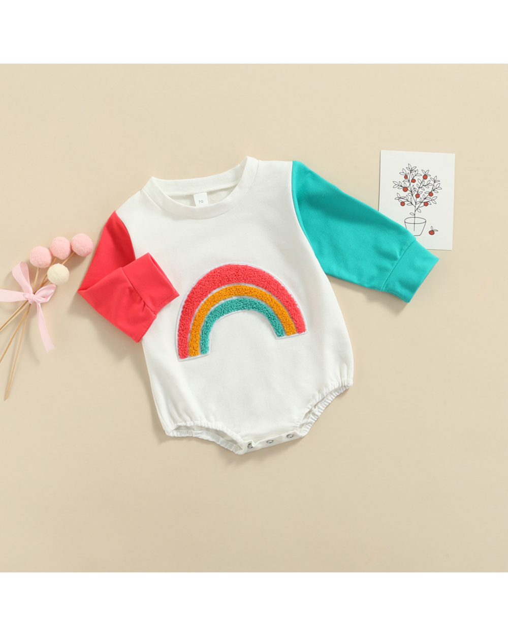 Focusnorm 0-24M Baby Girls Boys Autumn Jumpsuits Rainbow Pattern Long Sleeve Color Patchwork Button Romper Outwears front-4