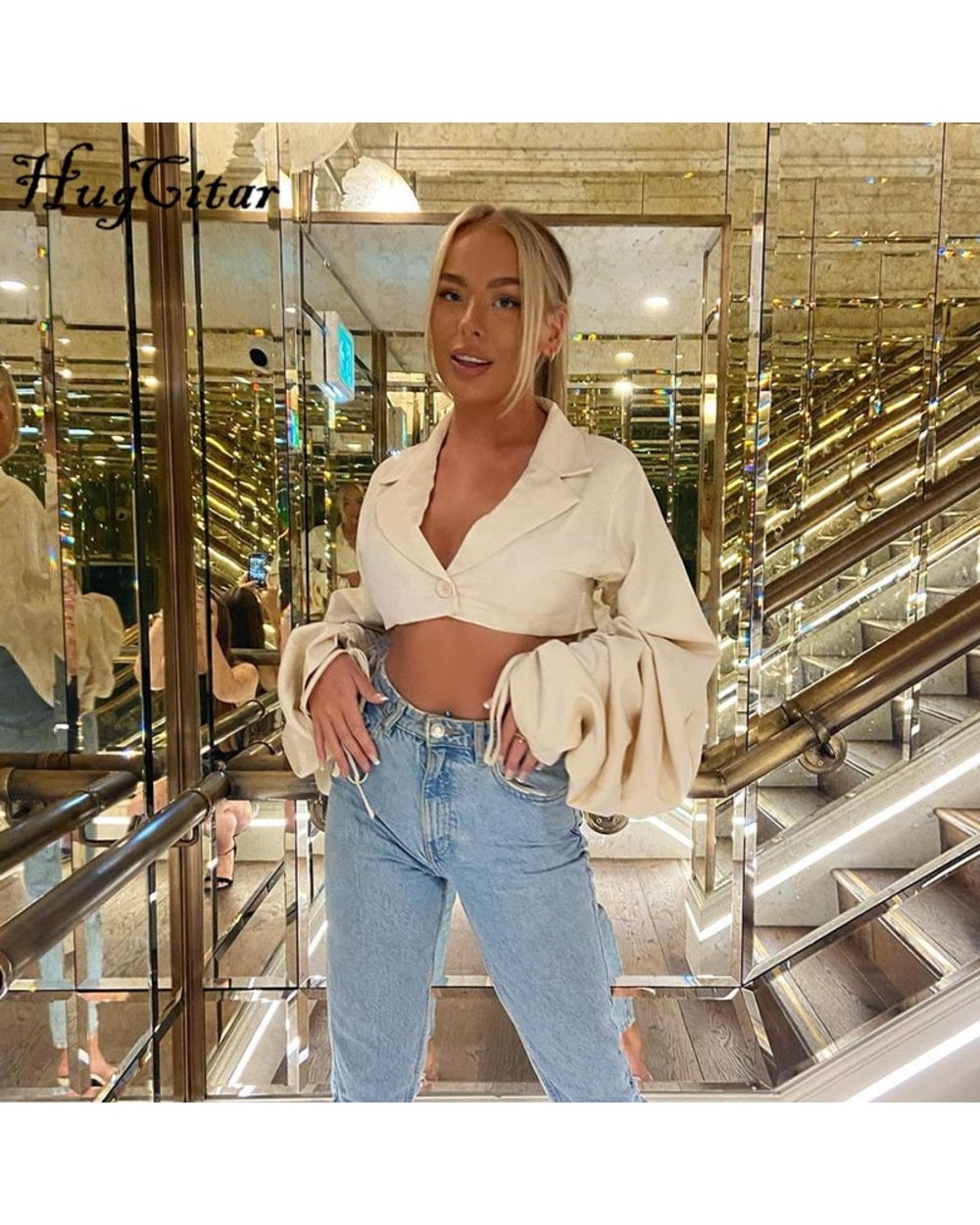 Women Single-Breasted Crop Top Long Loose Flare Sleeve With Drawstring Y2K Streetwear Outfit Fashion front-2