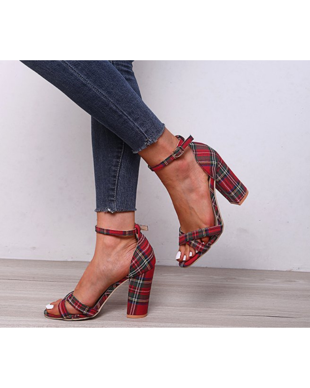 High Quality Tartan Summer Shoes Ankle Wrap Sandals High Heels front-3