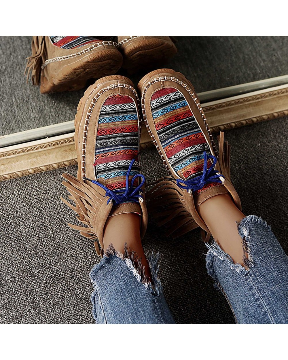 Retro Low Heels Shoes Women Native Style Leather Retro Suede Flat Lace-UP Tassel Short Booties front-3