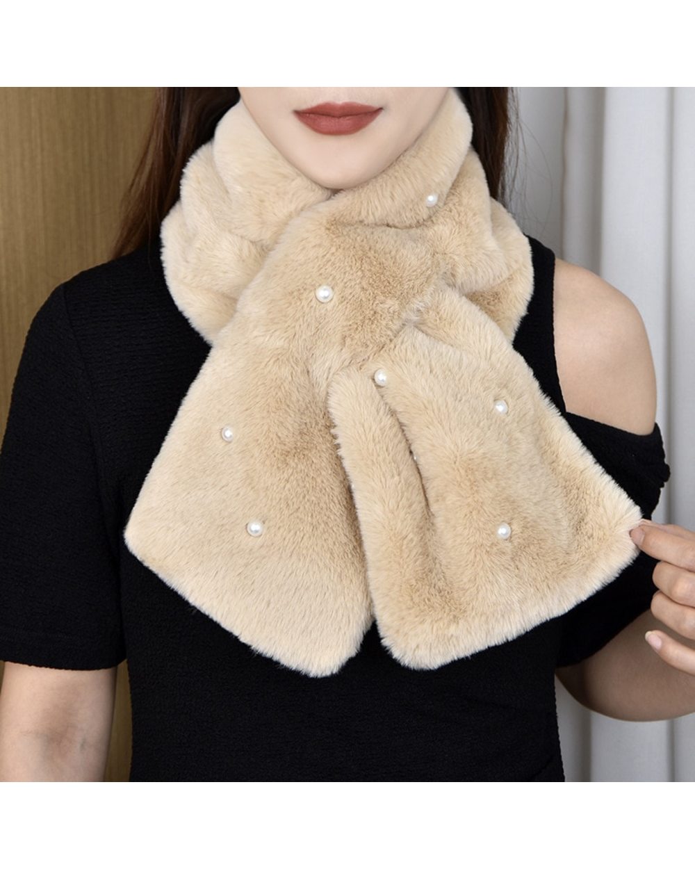 Korean Solid Double Sided Faux Rabbit Fur Thick Plush Shawl Female Winter Oudoor Windproof Pearl Cross Neck Guard Warm front-5