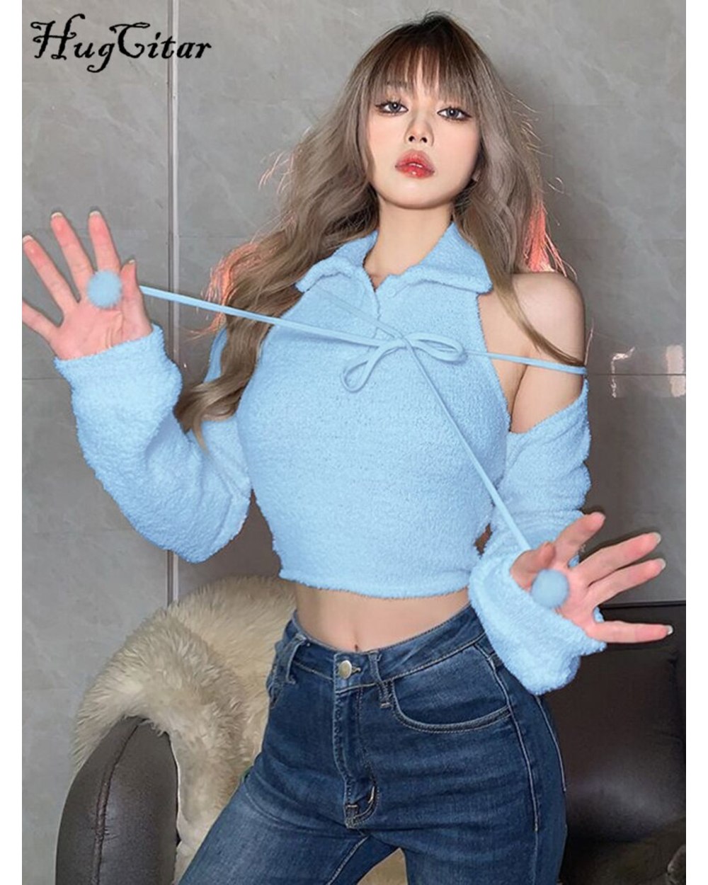 Hugcitar Off Shoulder Slim Sexy Crop Top Girl Clothes 2022 Fall Summer Women Streetwear Y2K Fashion front-4
