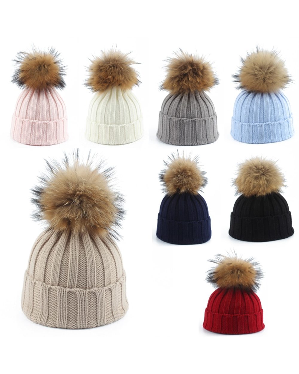 Big Fur Pom Pom Beanie Hats Parent Kids Warm Knitted Winter Hat Baby Girls Boys Real Raccoon Fur Pompom Beanies Cap front-1