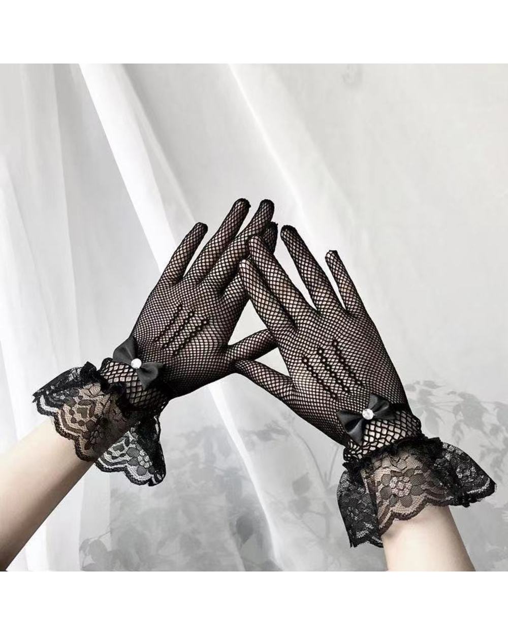 Women Black White Summer Uv-Proof Driving Gloves Mesh Fishnet Gloves Lace Mittens Full Finger Girls Lace Fashion Gloves front-0