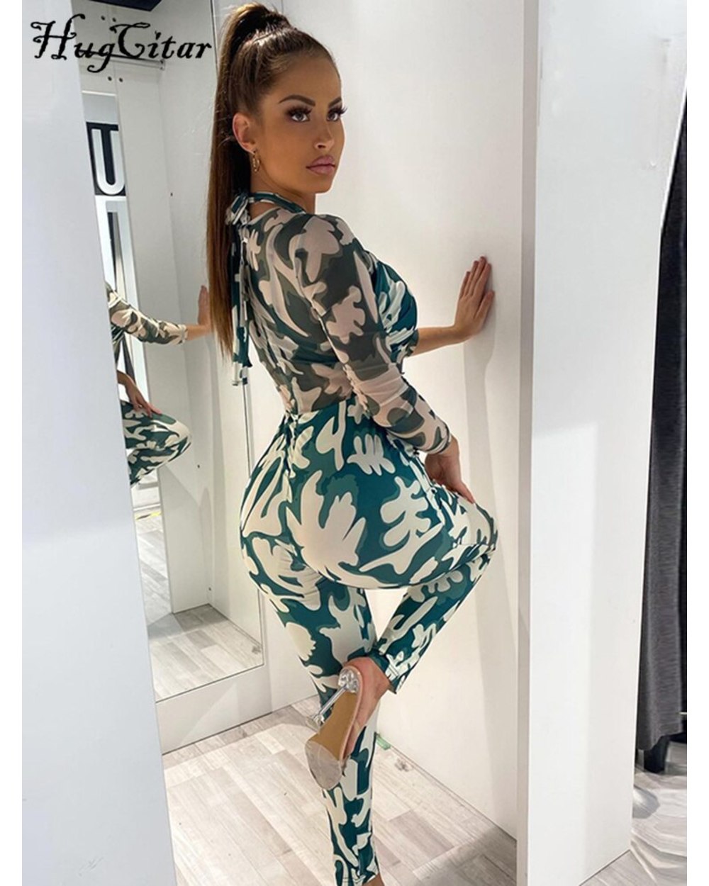 Hugcitar Print Halter Patchwork Hollow Out Long Sleeve Jumpsuit Women 2022 Fall Slim front-3