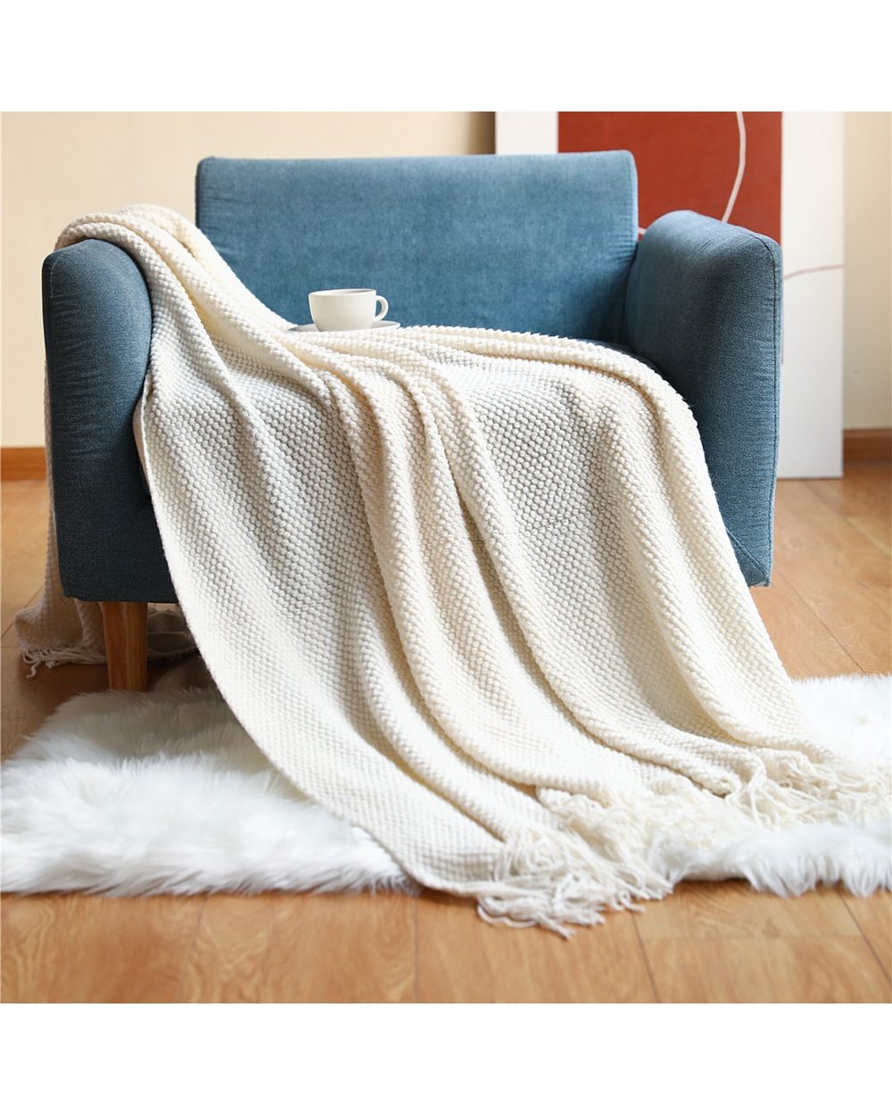 Thickened Knitted Blanket Corn Grain Waffle Embossed Winter Warm Tassels Throw Bedspread 130x240cm front-4