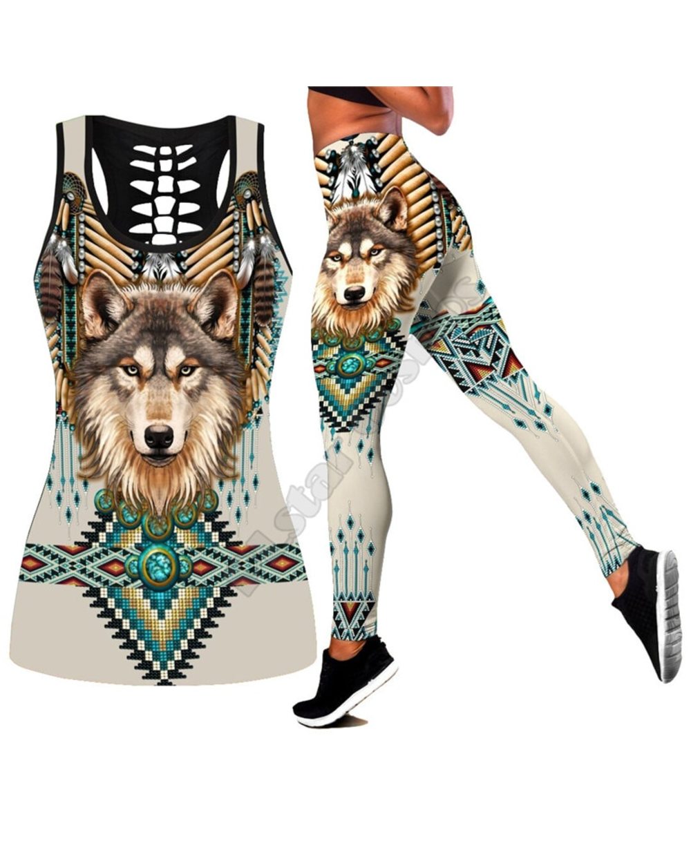 Native Wolf Combo 3D All Over Printed Legging Tank top Suit sexy Yoga Fitness Soft Legging front-3