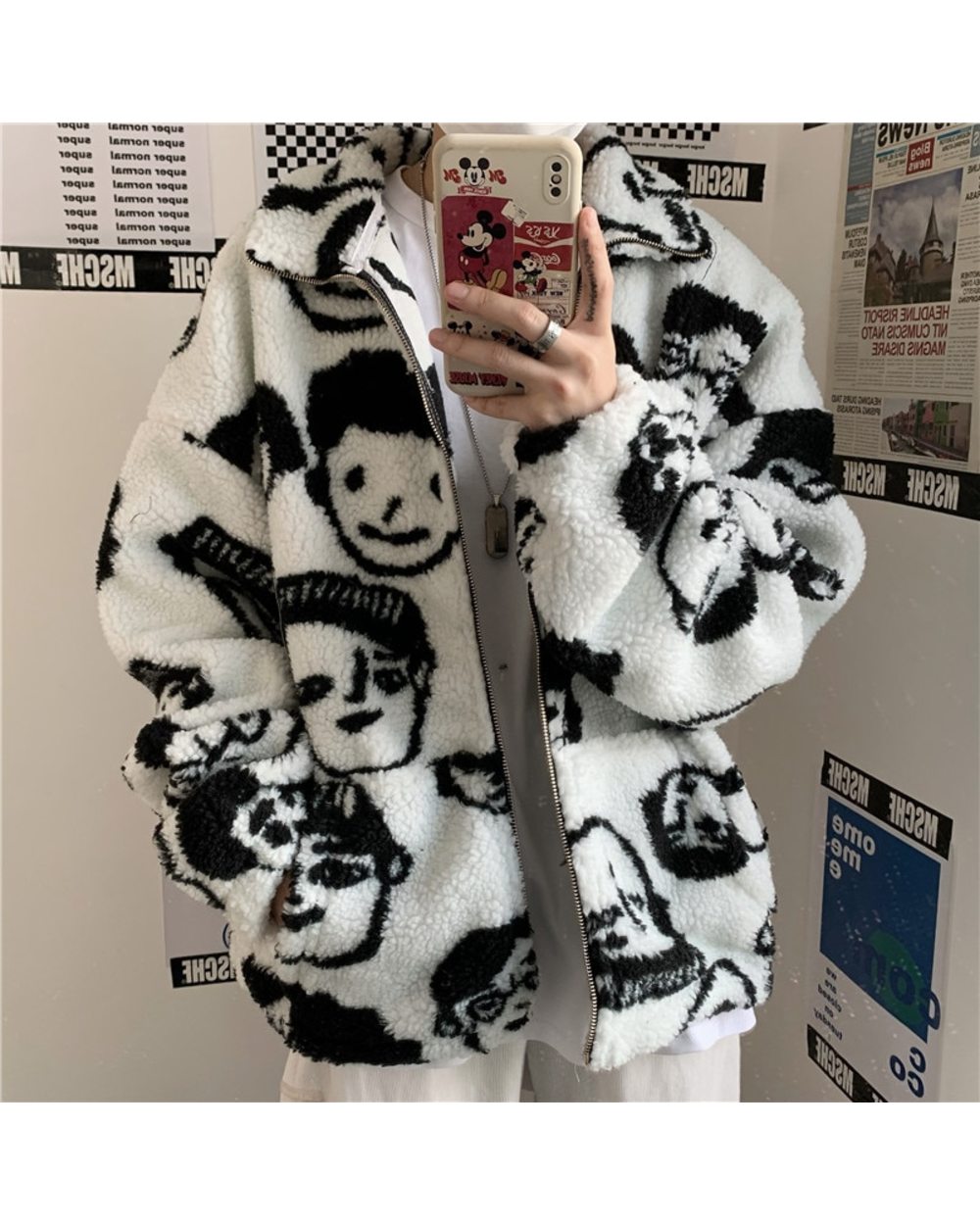 Korean Winter Harajuku Style Coat Cute Cartoons Jacket Lambswool Keep Warm Zipper Outerwear front-3