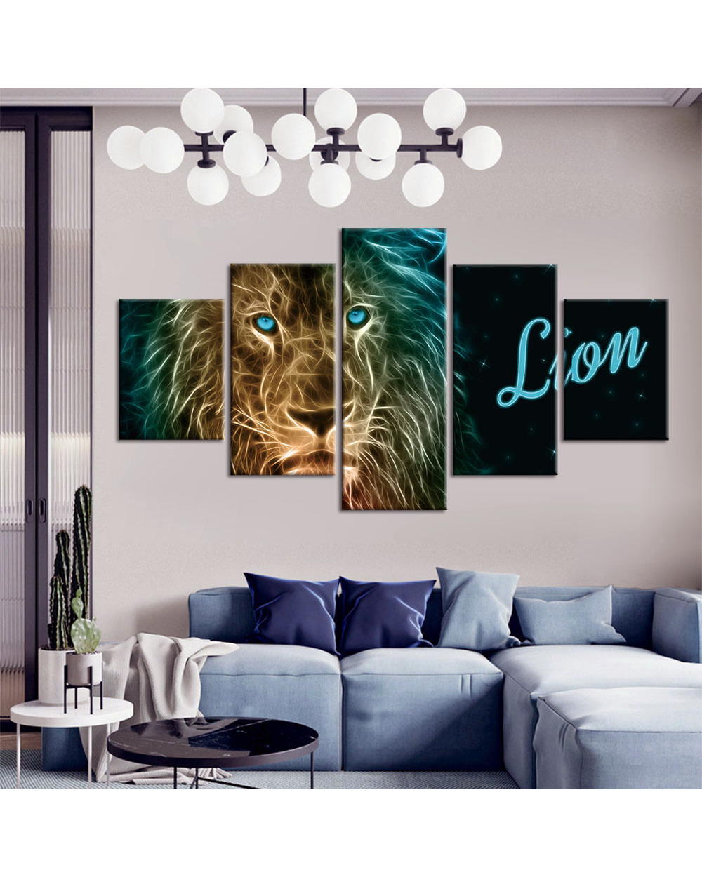 Color Effect Lion Picture Print Animal 5 Panel Canvas Art Wall Decor front-0