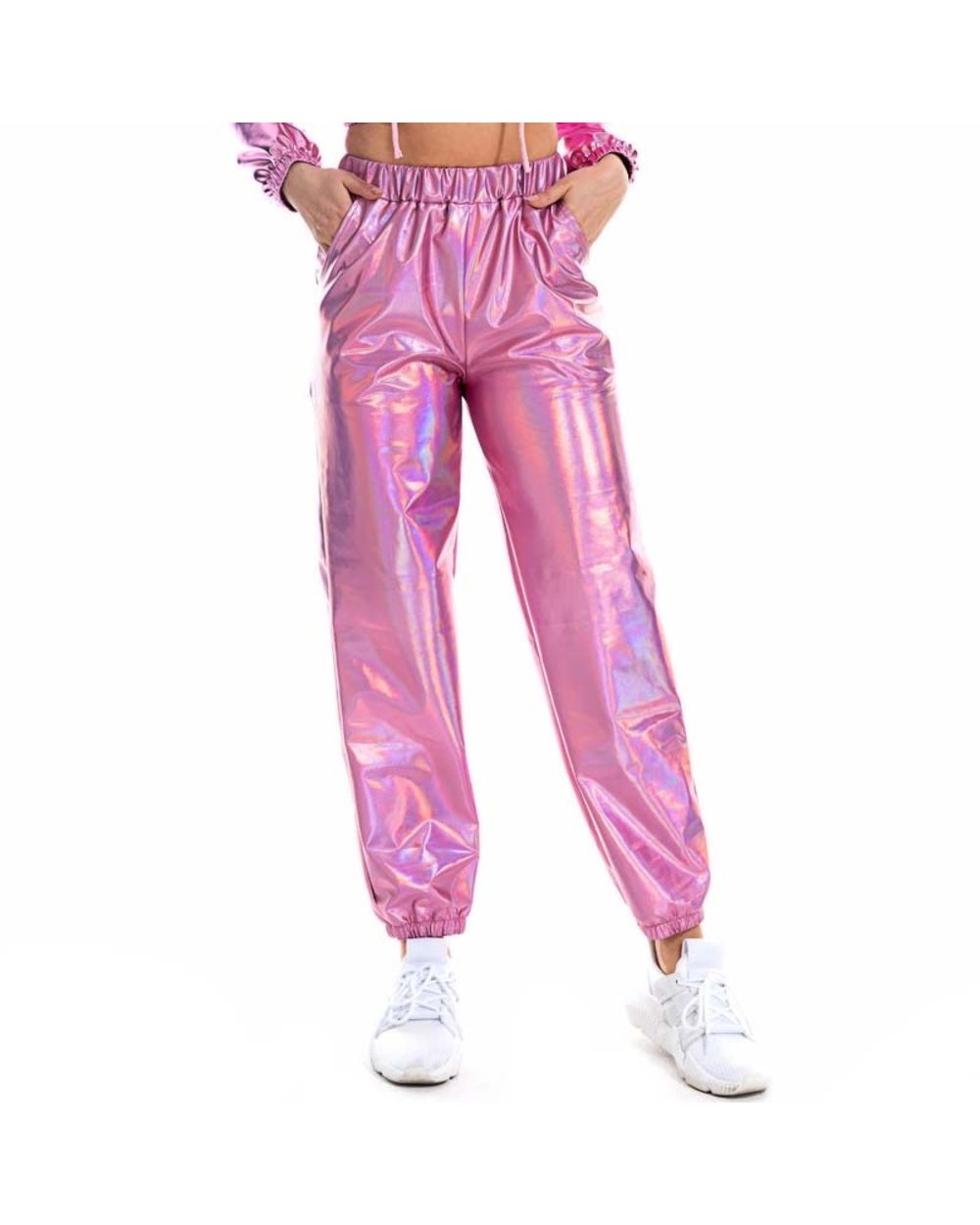 Women Shiny Holographic Pants Loose High Waist Metallic Trousers Dance Performance Hip Hop Pants Streetwear Joggers front-4