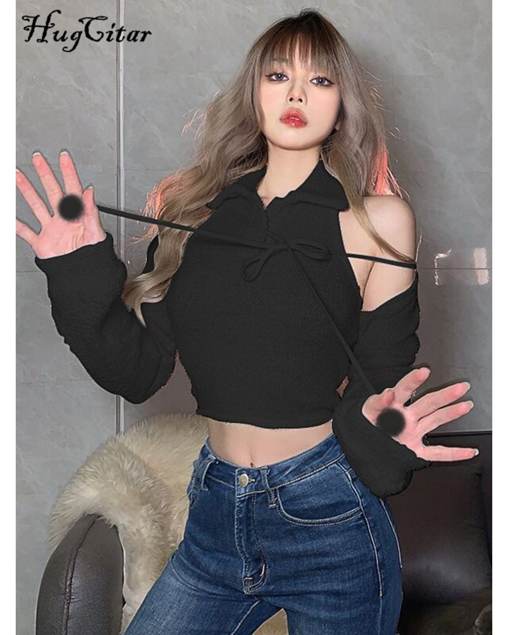 Hugcitar Off Shoulder Slim Sexy Crop Top Girl Clothes 2022 Fall Summer Women Streetwear Y2K Fashion front-3