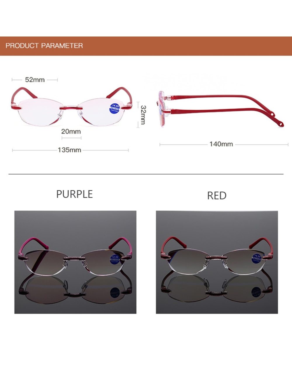 Iboode Diopter +1.0 +1.5 +2.0 +2.5 +3.5 +4.0 Frameless Anti-Blue Light Reading Glasses Women Ladies Presbyopia Eyewear front-5