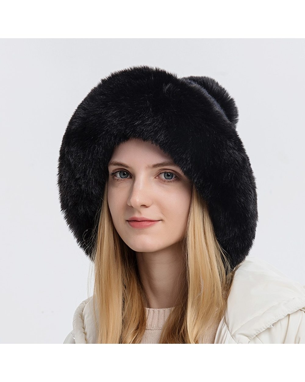 Winter Warm Knitted Hat Fur Women Hat With Earflap Two Balls Lady Outdoor Thicken Plush Fluffy Cap Russian Hats For Wom front-3
