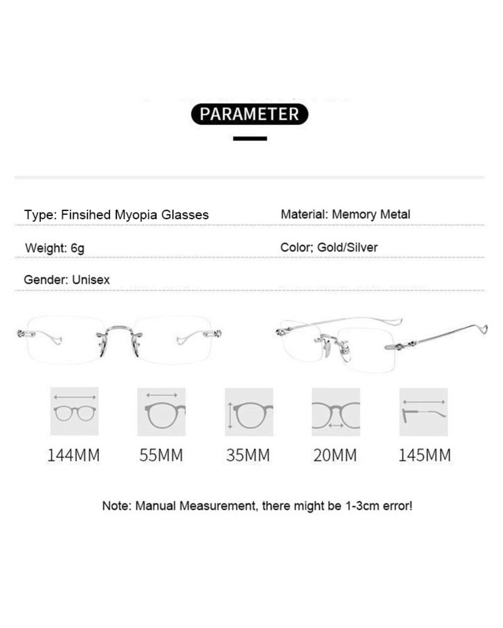 Ahora Ultralight Rimless Finished Optical Myopia Glasses Square Frame Computer Eyewear With Diopters 0 -1.0 -1.5 -2.0 - front-4