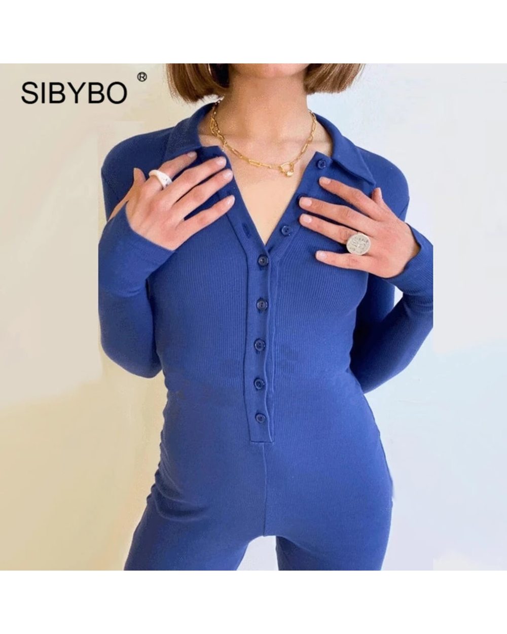 Long Sleeve Ribbed Jumpsuits For Women Wide Legs Jumpsuit Romper Femme Autumn Winter Casual Overalls front-0