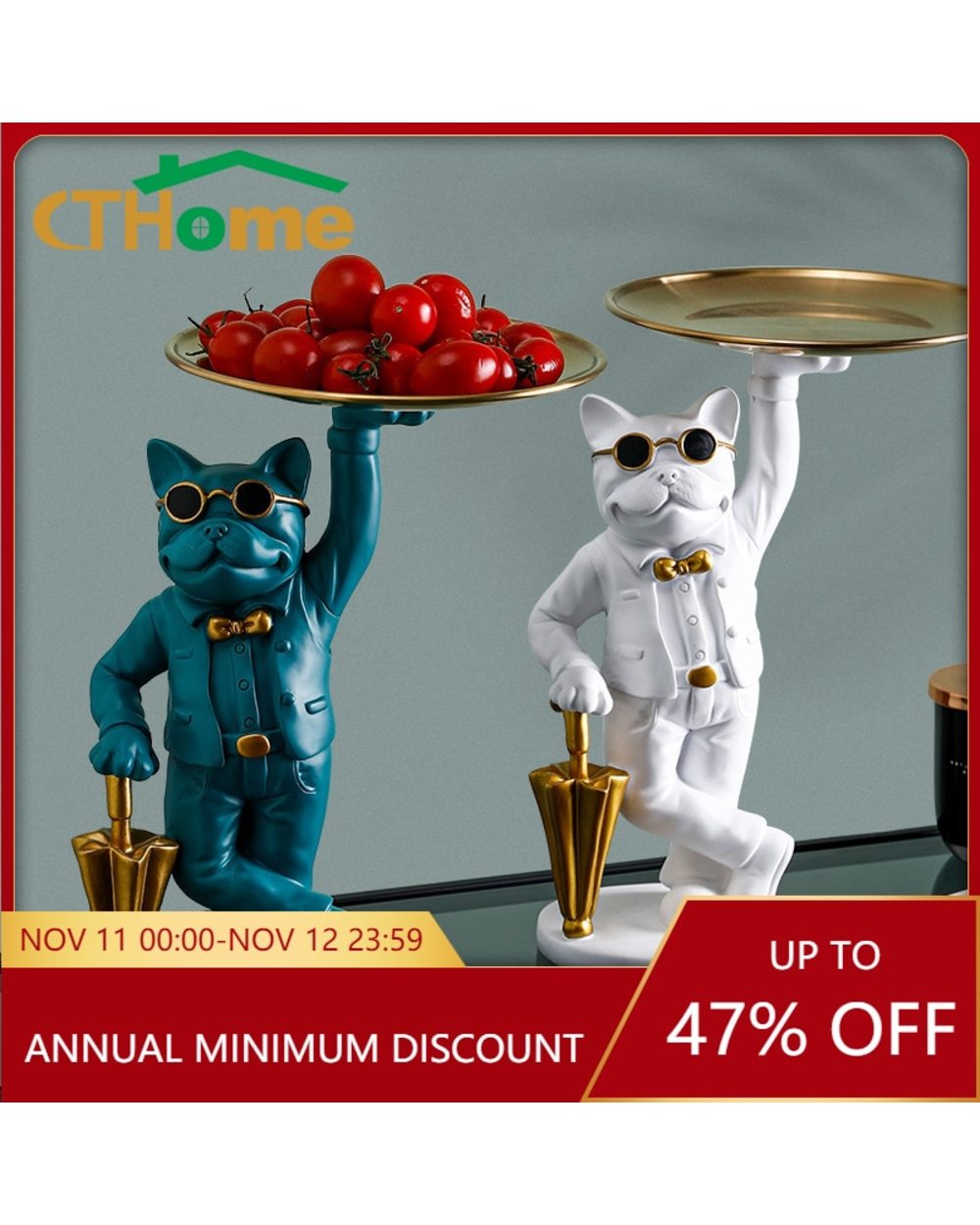 French Bulldog Fashion Sculpture Dog Miniature Figurine Statue Table Decoration Gift With Plate Glasses Multifunctio front-0