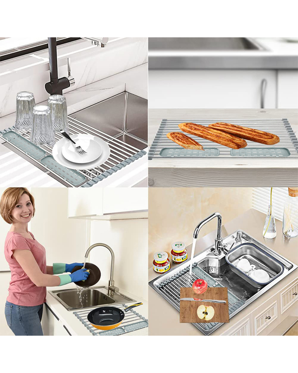 Foldable Stainless Steel Dish Drainer Roll Up Dish Drying Rack Shelf Kitchen Sink Holder Organizer Bowl Tableware Plate front-2