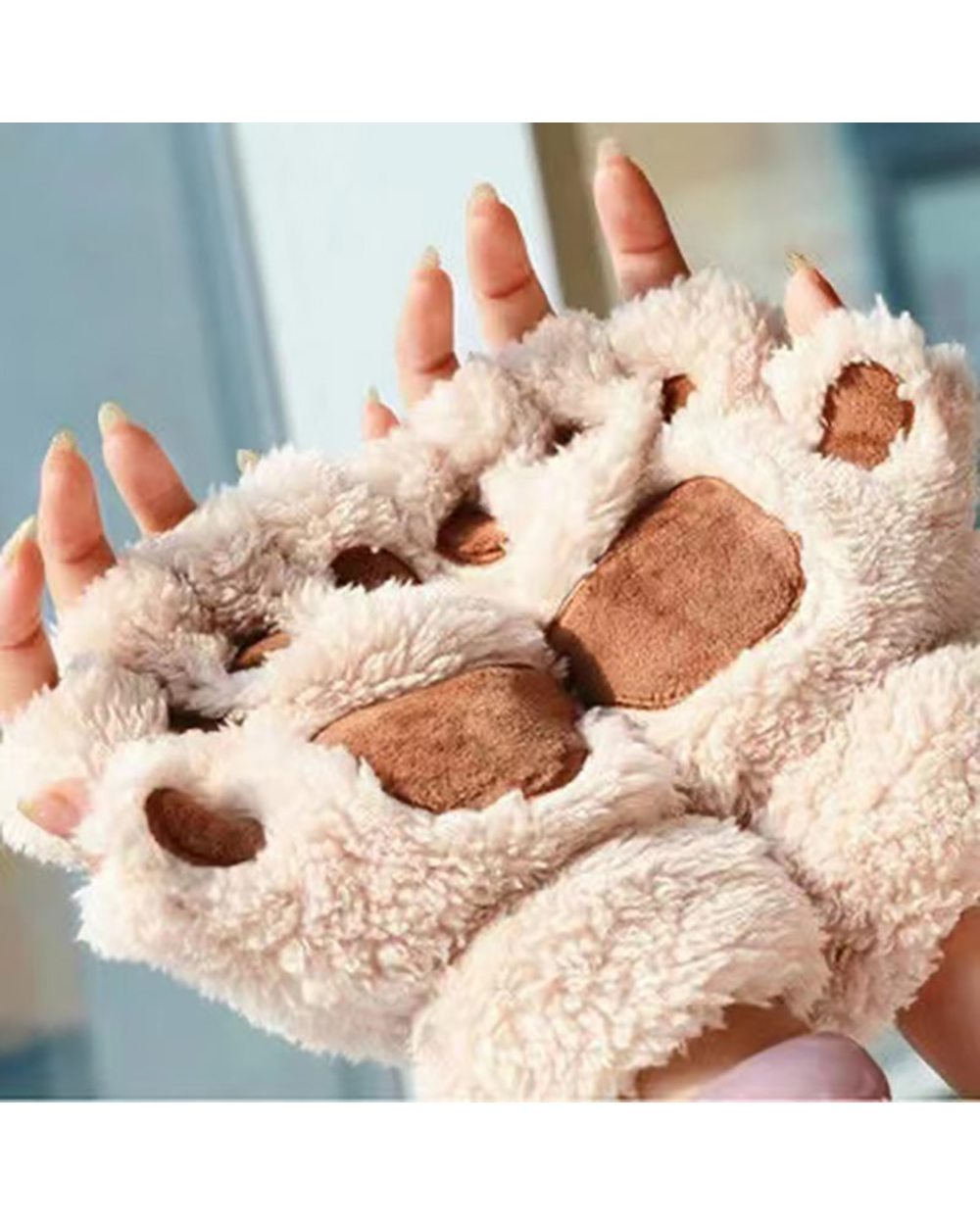 Fashion Girls Lovely Cat Claw Paw Plush Mittens Warm Soft Plush Short Fingerless Women Leisure Bear Cat Gloves Half Fin front-0
