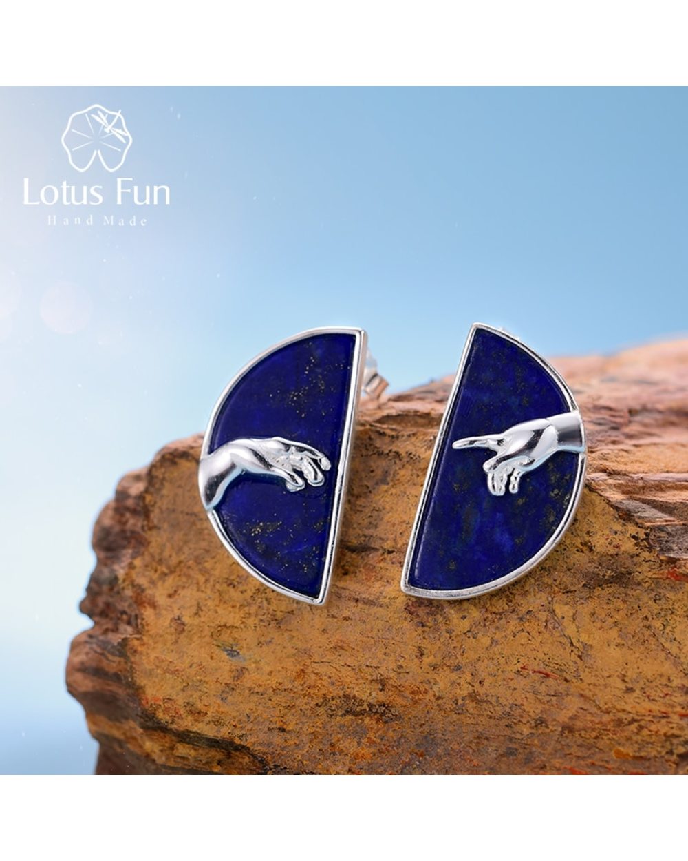 Real 925 Sterling Silver Earrings Natural Lapis Lazuli Fine Jewelry The Creation of Adam Stud Earring front-0