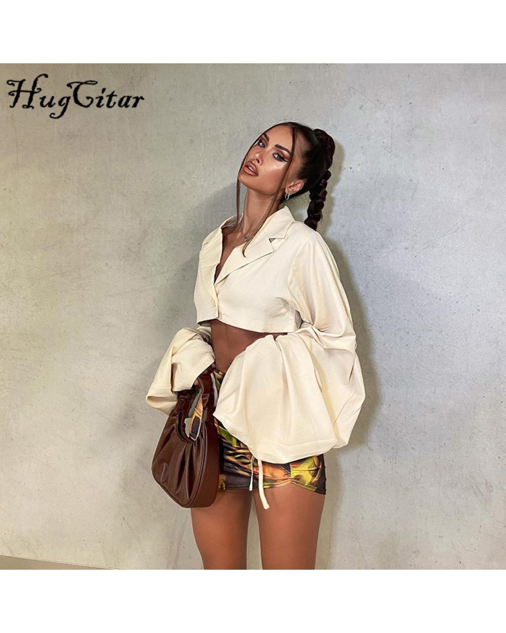 Women Single-Breasted Crop Top Long Loose Flare Sleeve With Drawstring Y2K Streetwear Outfit Fashion front-0