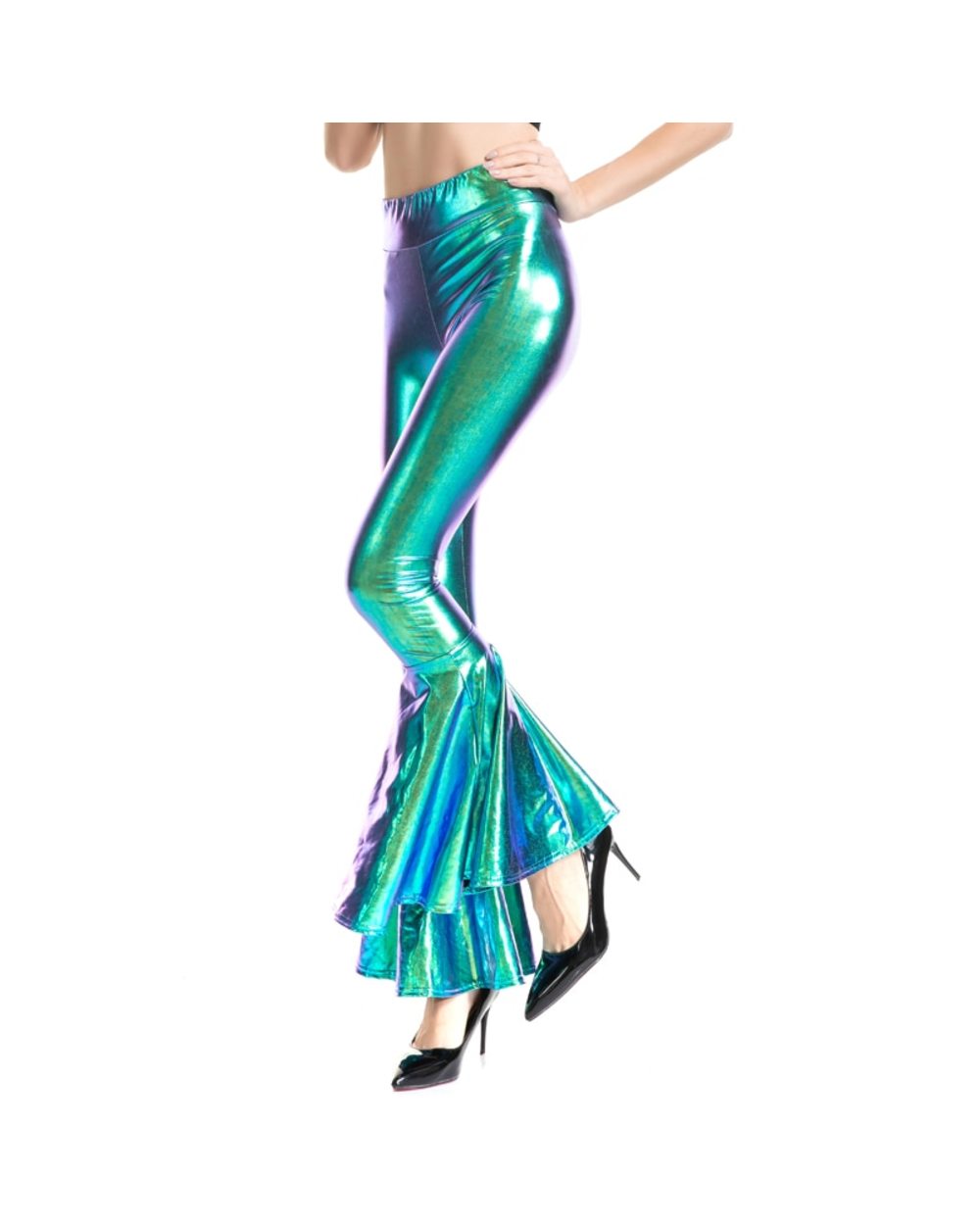 Women Flare Shiny Trousers Laser Metallic Wet look Ruffle Wide Leg Pants Retro Disco Hippie Club Trousers Bell Bottoms front-2