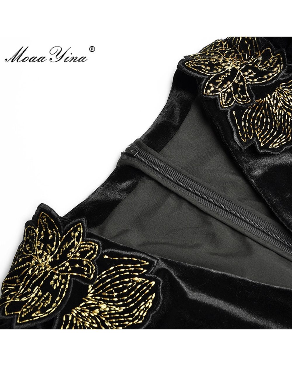 MoaaYina Spring Summer Designer Jumpsuits Women's V-neck Long sleeve Gold Line Embroidery Velvet Jumpsuits front-3