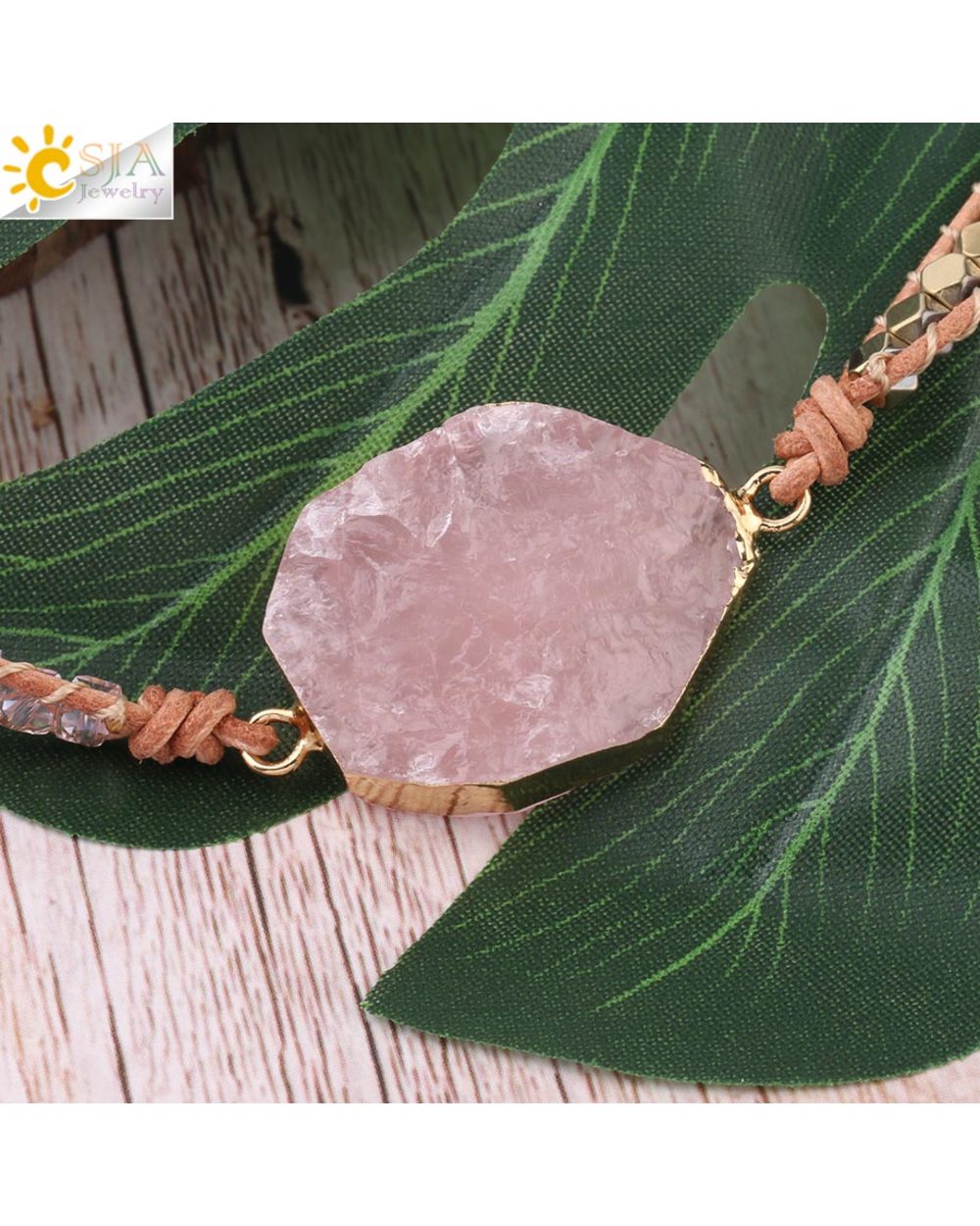CSJA Natural Stone Bracelet Pink Quartz Leather Wrap Bracelets for Women Rose Gems Crystal Beads Bohemia Jewelry 5 front-3