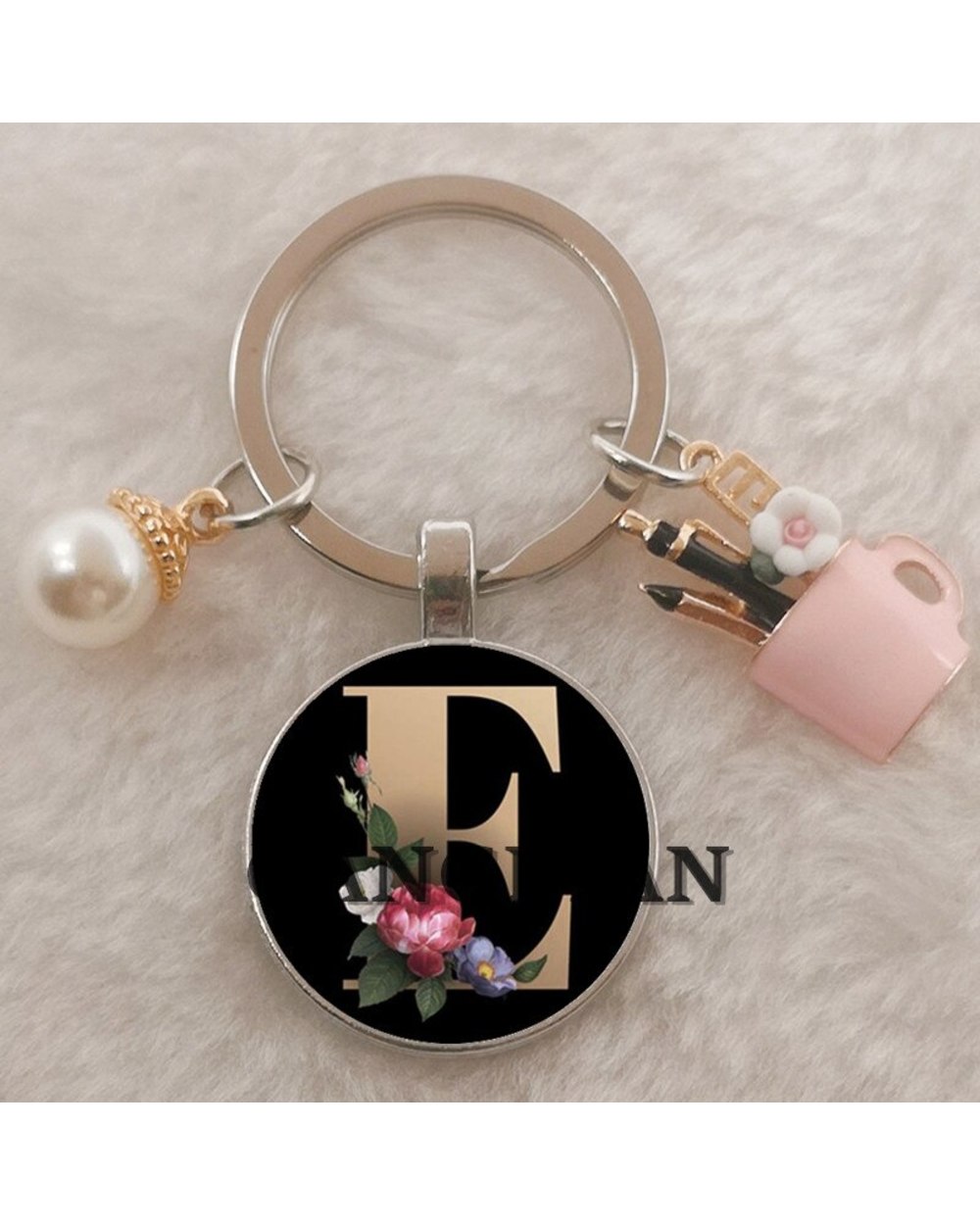 DIY charm enamel pen holder teacher's day gift keychain, simple black A-Z letter pattern glass cabochon keychain front-4