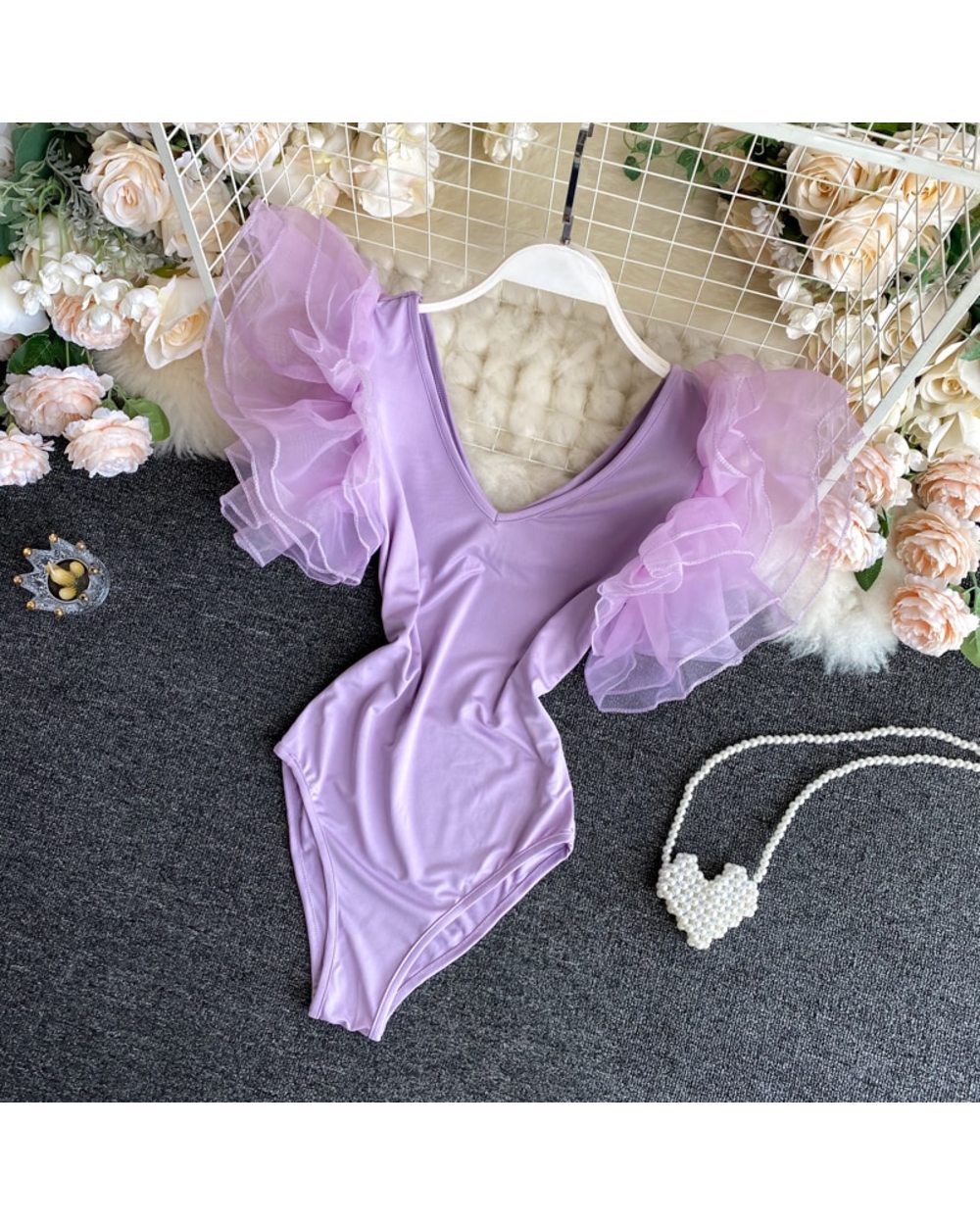 Women Girl Soild V Neck Mesh Ruffle Lotus Leaf Sleeve Bodysuits Swim Beach Holiday Bodysuit Rompers Outfit front-1