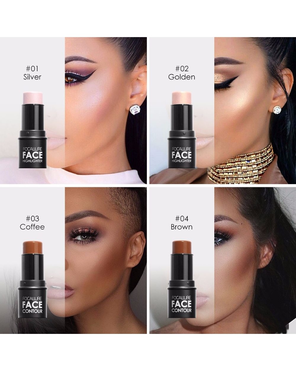 FOCALLURE Highlighter Makeup Glitter Contouring Bronzer For Face Shimmer Powder Creamy Texture Illuminator Stick . front-2