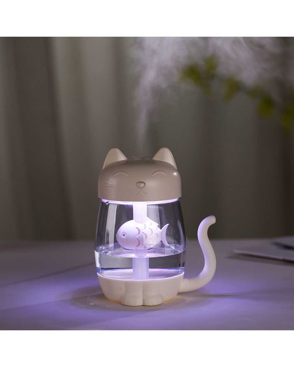 350Ml Cat Air Humidifier With Color Led Light Ultrasonic 3 In 1 Adorable Cat Eat Fish Humidificador Usb Aroma Diffuser front-3