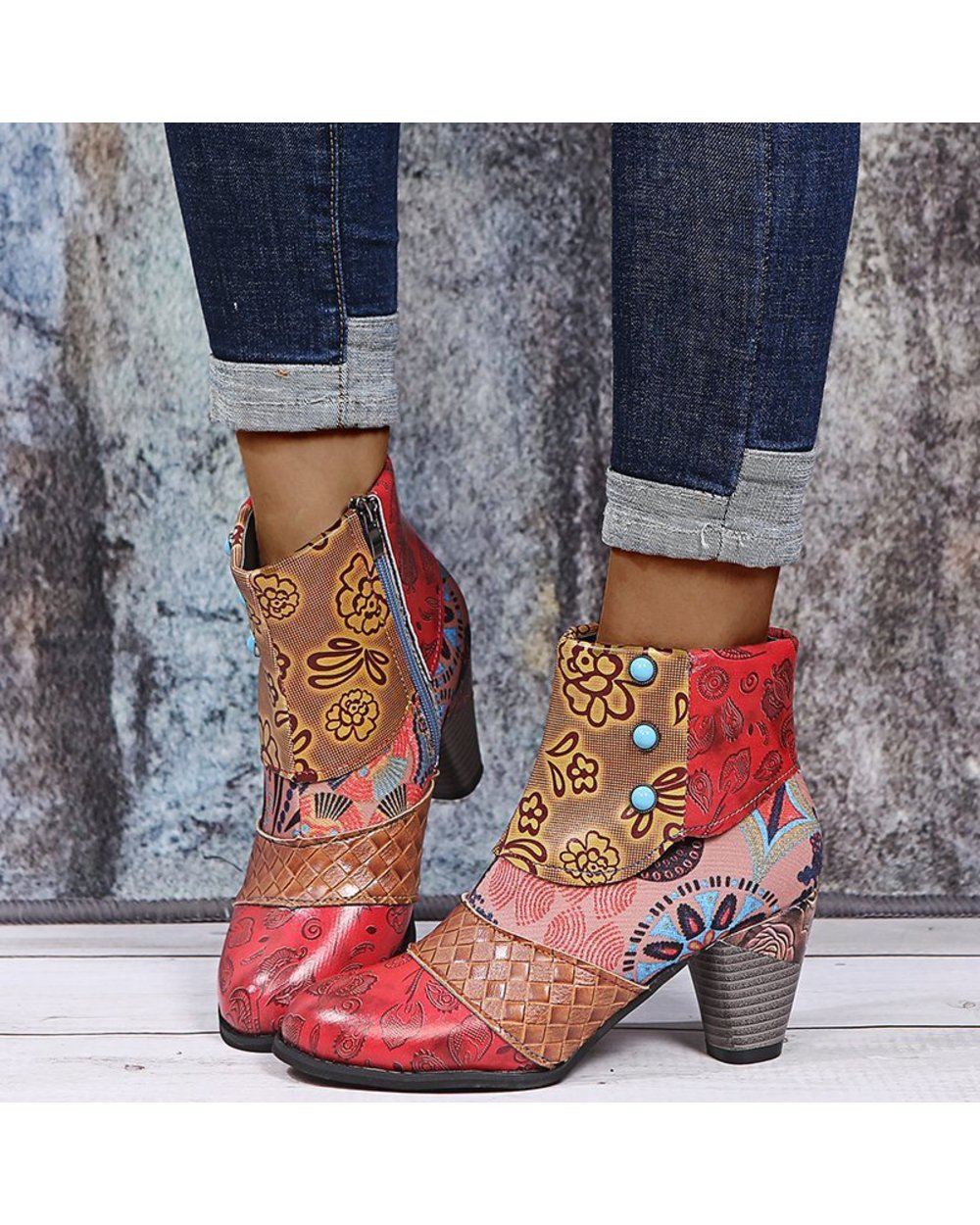 Bohemian Female Martin Boots Women Casual Retro Ethnic Wind Printing High Heels Shoes front-0