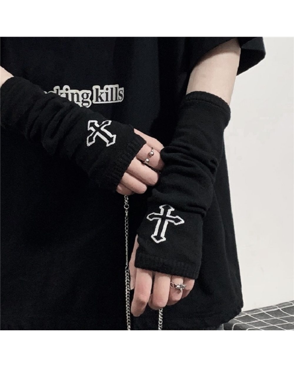 Punk Emo Style Streetwear Women Wrist Arm Warmer Knitted Long Fingerless Gloves Black Mitten Halloween Cross Gloves Dar front-2
