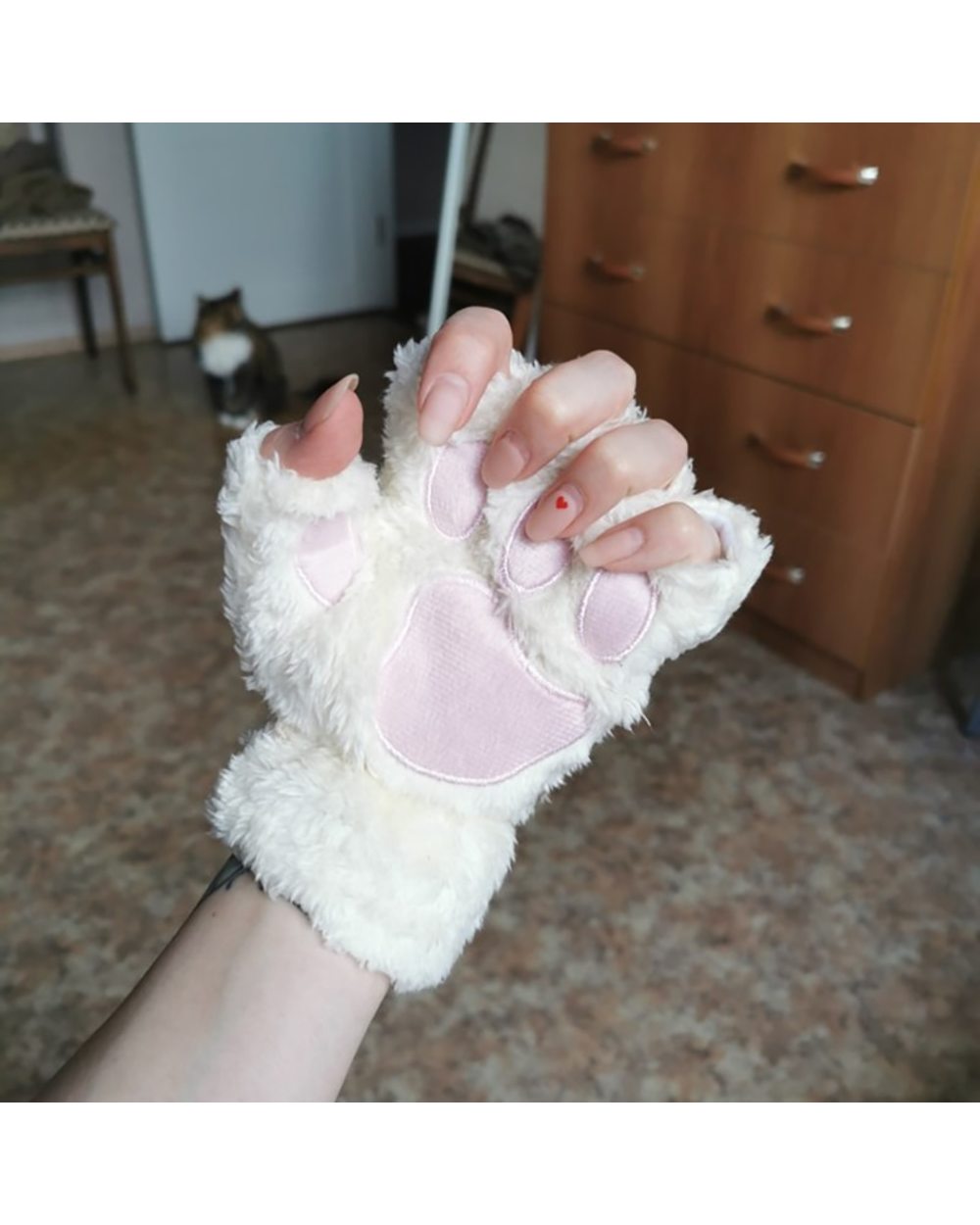 New Winter Gloves Women Bear Plush Cat Paw Claw Gloves Cute Kitten Fingerless Mittens Christmas Halloween For Girls Gif front-1