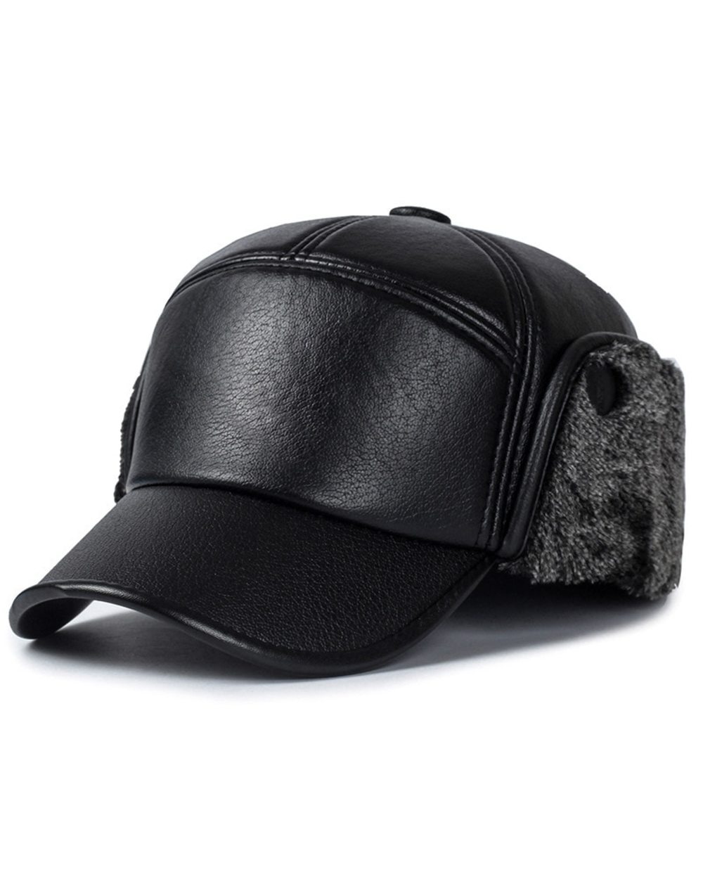 New Winter Bomber Hat Men Women Russian Black Leather Ushanka Cap With Ear Flaps Fur Warm Leather Brand Baseball Cap front-4