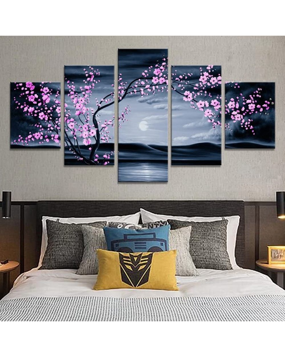 Pink Sakura Tree By the Lake Black and White Picture Print Scenery 5 Panel Canvas Art Wall Decor front-1