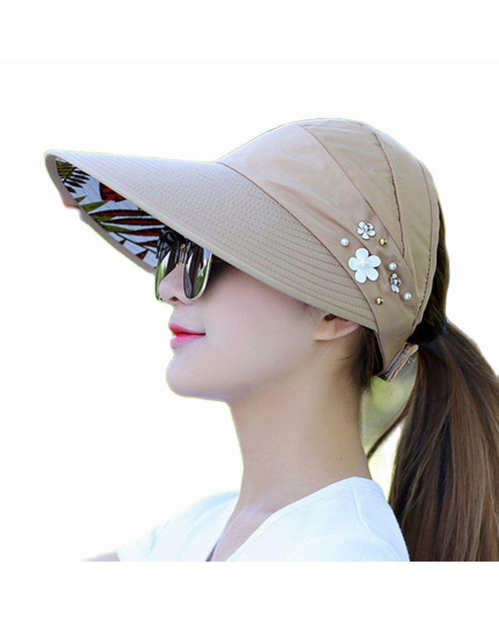 Summer Hats For Women Foldable Sun Hat Pearl Flower Visor Suncreen Floppy Cap Female Outdoor Casual Baseball Cap front-5