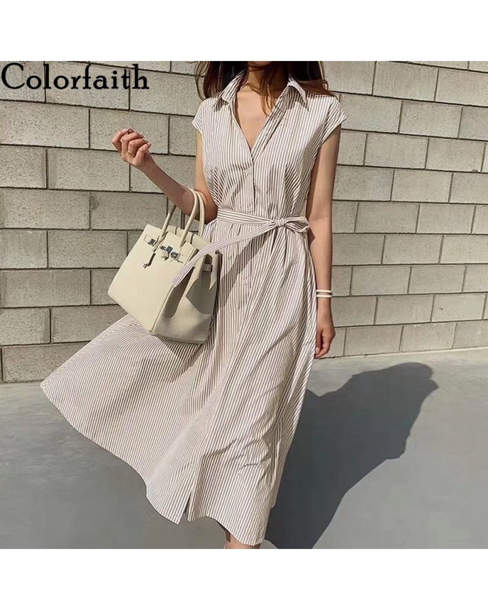 Women Spring Summer Shirt Dress Multi Colors Casual Sleeveless Striped Oversize Lace Up Long Dress front-0