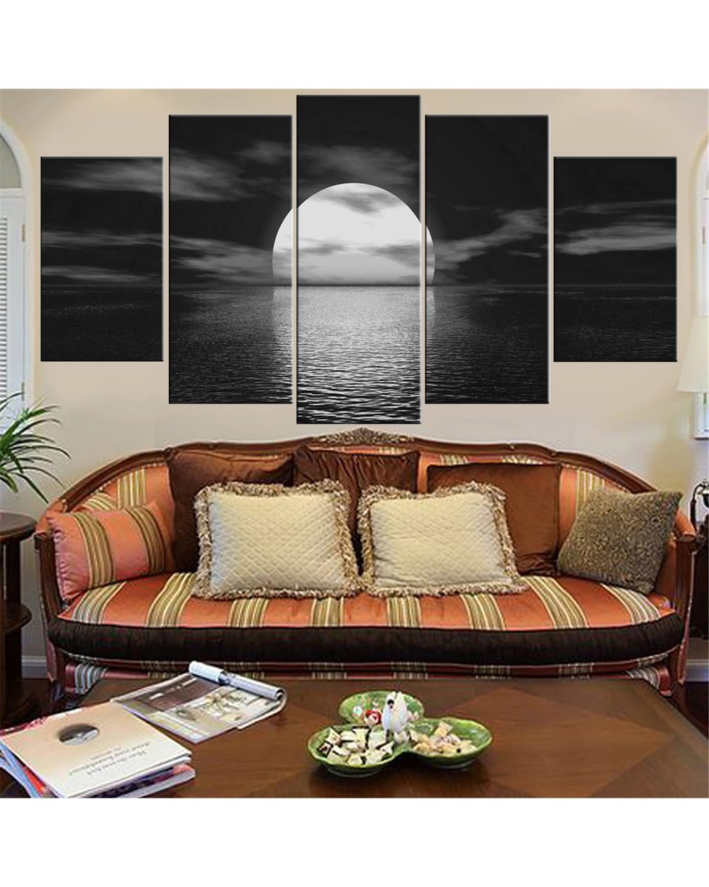 Sunrise Black And White Style Picture Print Scenery 5 Panel Canvas Art Wall Decor front-1