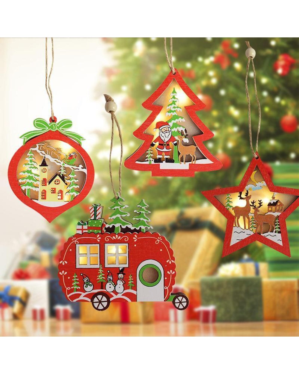 1pc Christmas LED Decoration Glow Christmas Tree Wooden Pendant Star Santa Claus DIY Wooden Craft New Year 2022 Decor front-1