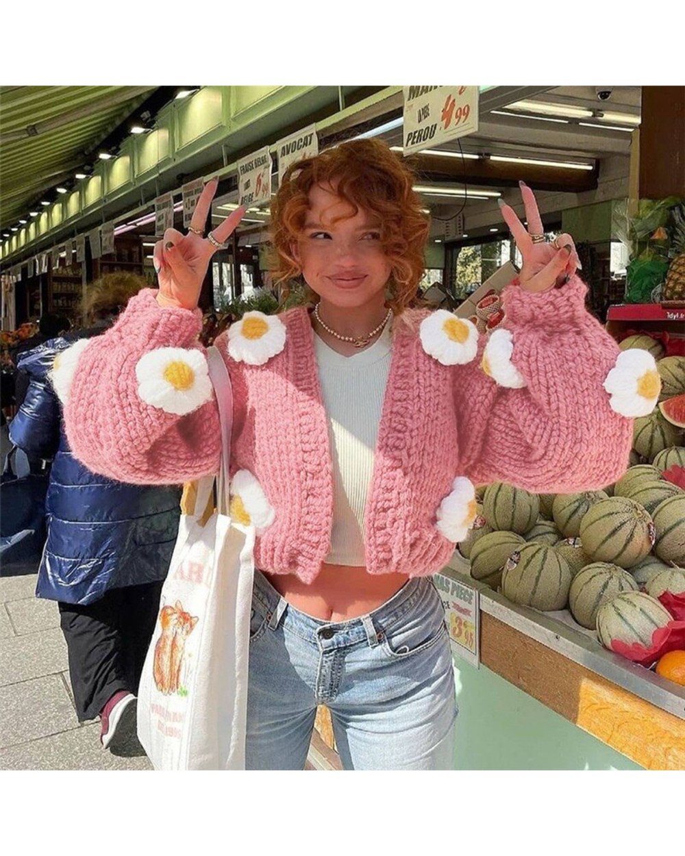 Elegant knitted sweater women European and American lazy three-dimensional pattern loose cardigan retro cute jacket front-3