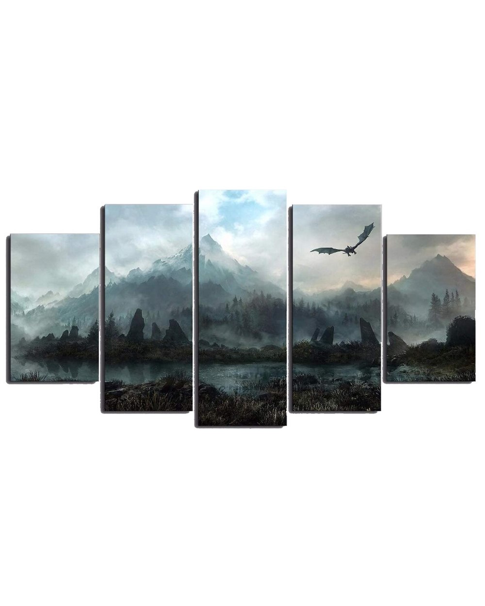 Game Landscape Poster Dragon And Mountains Picture Print Game 5 Panel Canvas Art Wall Decor front-2