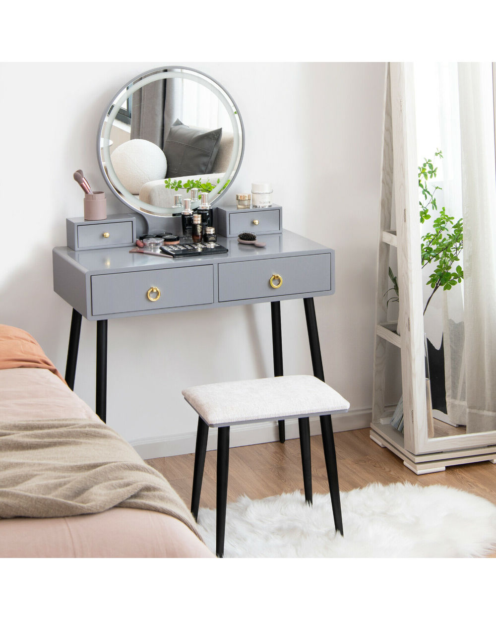 Vanity Makeup Dressing Table Stool Set 3-Color lighted Mirror front-2