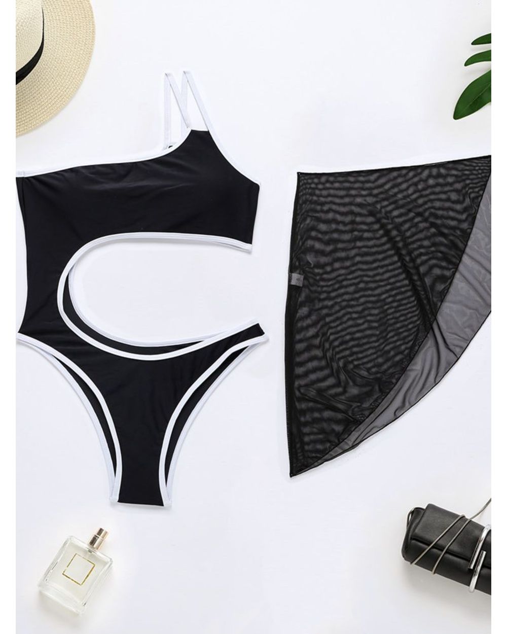 One Piece Swimsuit Bandeau Swimwear Women 2021 One Shoulder Monokini With Mesh Skirt Push Up Bathing Suits Solid Sexy B front-3