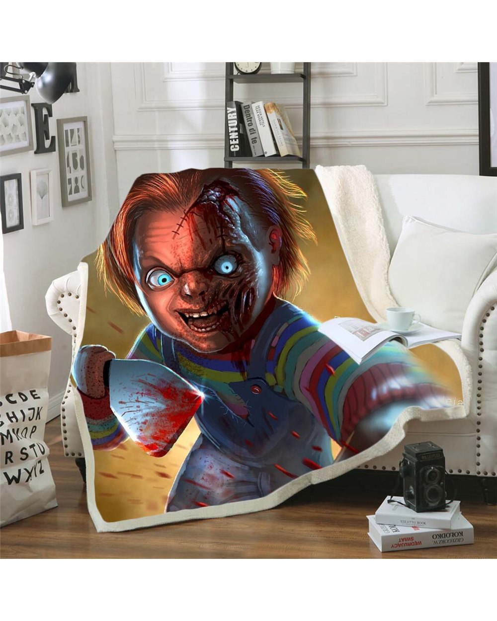 Horror Movie Child of Play Character Chucky Blanket Gothic Sherpa Fleece Wearable Throw Blanket front-3
